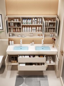 <b>Light</b> Luxury Modern Solid Wood Smart Bathroom <b>Vanity</b> with Smart <b>Mirror</b> Ceramic Double Basin Wall-Mounted Wash Basin - Product Image 5