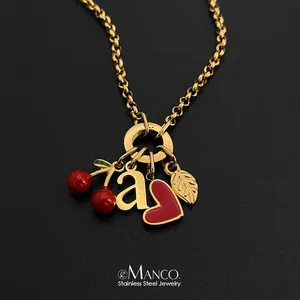 Collier en acier inoxydable eManco Fashion, style Y2K ludique, avec breloque initiale cerise <span class=keywords><strong>rouge</strong></span> et cœur, vente en gros - Product Image 3
