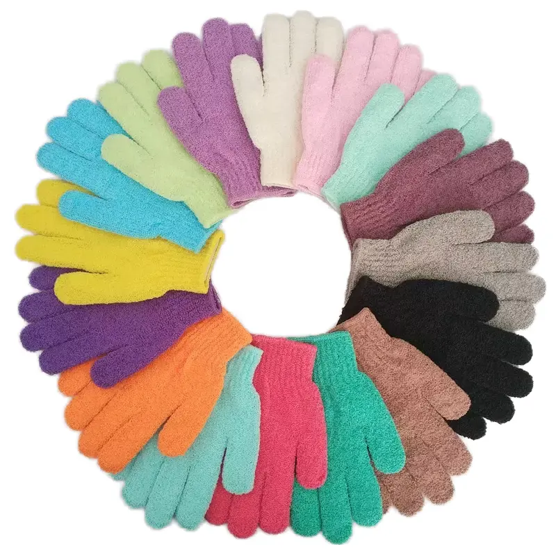 Gants de bain douche en nylon personnalisés cinq doigts dissolvant de peau morte épurateur corporel outil de soin exfoliant pour la peau