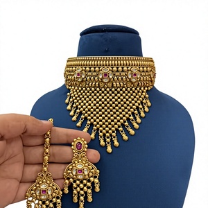 Conjunto de gargantilla étnica chapada en oro con pendientes de borla para mujer, joyería de boda, collar de aleación con circonita cúbica engastada en bisel - Product Image 2