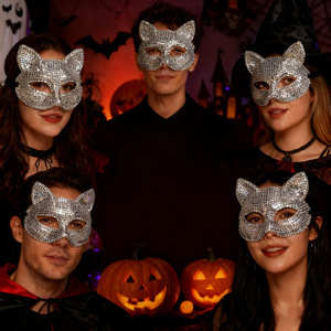 หน้ากากแมวทำด้วยพลอยเทียมหน้ากากครึ่งห่อหน้ากากแฟชั่นงานปาร์ตี้ทำมือวัสดุพลาสติก - Product Image 4