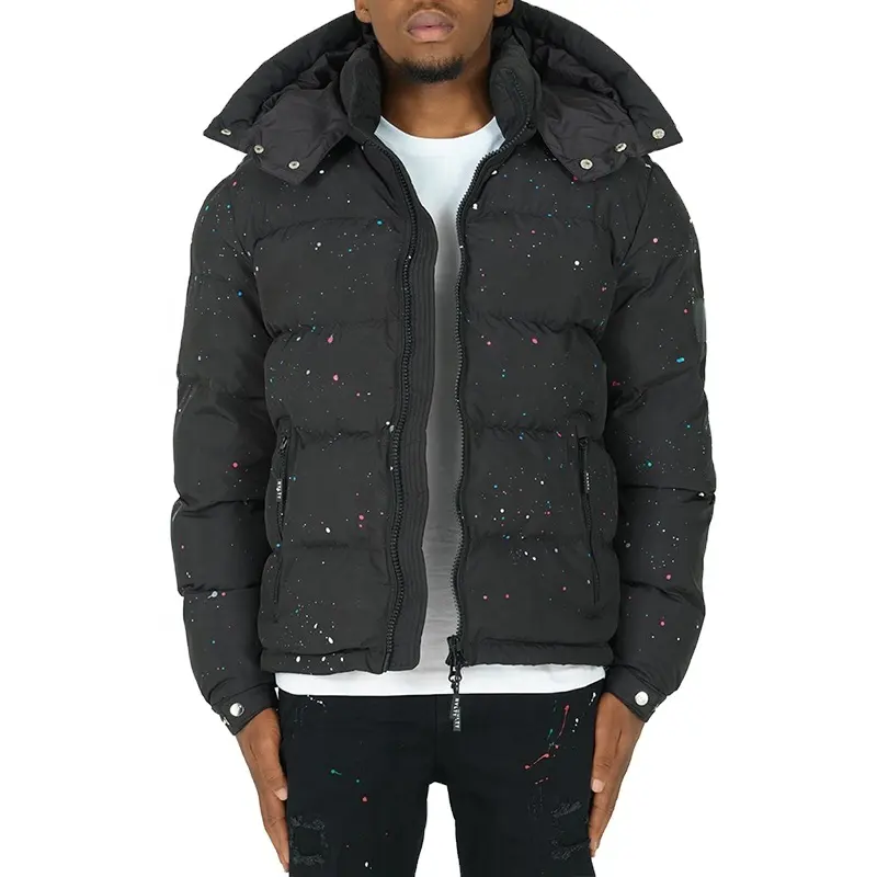 Oversized Detachable Hooded Bubble Custom Printed Jacket puffer coat men black with hood