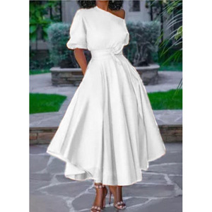 Abito Casual da donna taglie forti allentato con spalle scoperte tasca manica corta elastico in vita tinta unita moda Casual da donna - Product Image 1