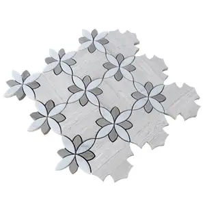 White Mosaic Flower Waterjet Pattern Floral Marble Mosaic For Backsplash Kitchen Tiles