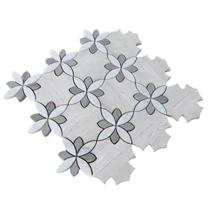 Mosaico blanco Flor Waterjet Patrón Floral Mármol Mosaico para Backsplash Azulejos de cocina