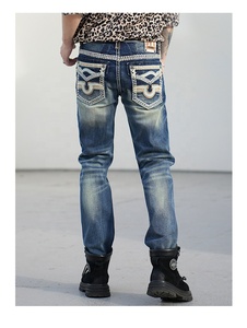 En stock: Jeans de mezclilla para hombre, de corte recto, con bordado, lavado, de costura resistente, cintura media, a la moda - Product Image 5