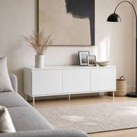 Meuble TV blanc minimaliste, console multimédia à profil bas avec pieds en métal robustes pour salon