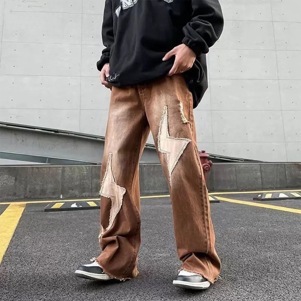 Personalizado streetstyle marrom lavado jeans estilo y2k tendência popular pathed denim calças jeans