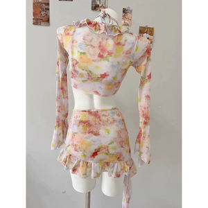 Nuevo Bikini Rojo al por Mayor 2025, Traje de Baño de 4 Piezas con Mangas Largas, Estilo Vacacional, Espalda Descubierta con Volantes de Malla, Ropa de Playa Sexy para Mujer - Product Image 6