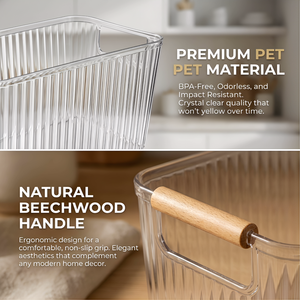 Boîte de rangement transparente en PET avec poignée en bois, bac organisateur transparent à rayures verticales <span class=keywords><strong>pour</strong></span> cuisine, réfrigérateur, armoire, salle de bain - Product Image 3