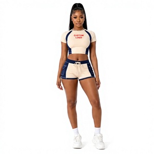 <b>Top</b> Selling New Arrival Custom Women Color Block Crop <b>Top</b> <b>and</b> Cargo <b>Shorts</b> 2 Piece Gym Fitness Set <b>Short</b> Sleeve Crop <b>Top</b> <b>Shorts</b> - Product Image 1