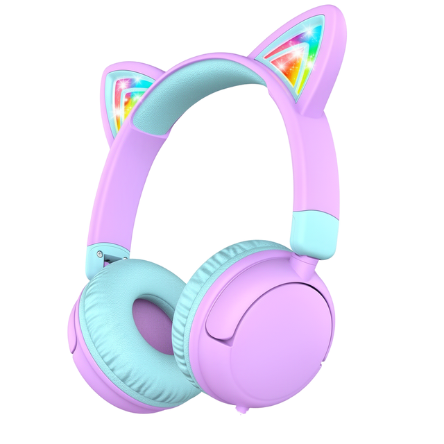 IClever Kids Over-Ear Headphones USB-C LED Light-Up Safe Volume Stereo Sound PlasticTravel School MeoLollipop-PurpleDJ Music AAC