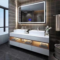 Meuble-lavabo mural moderne avec miroir LED, vasque en pierre, panneau mélaminé résistant à l'eau, garantie 3 ans