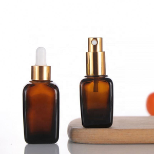 Amber Glass Dropper <b>Bottles</b> Rectangle Shape Gold Cap Skin Care Serum Container 50ml <b>Empty</b> <b>Bottle</b> with Dropper and <b>Spray</b> Top - Product Image 1