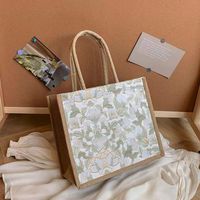 Sac fourre-tout en cuir PU à texture lin imprimé floral, grande capacité, sac de shopping esthétique, sac à bandoulière pour femmes, bureau, voyage
