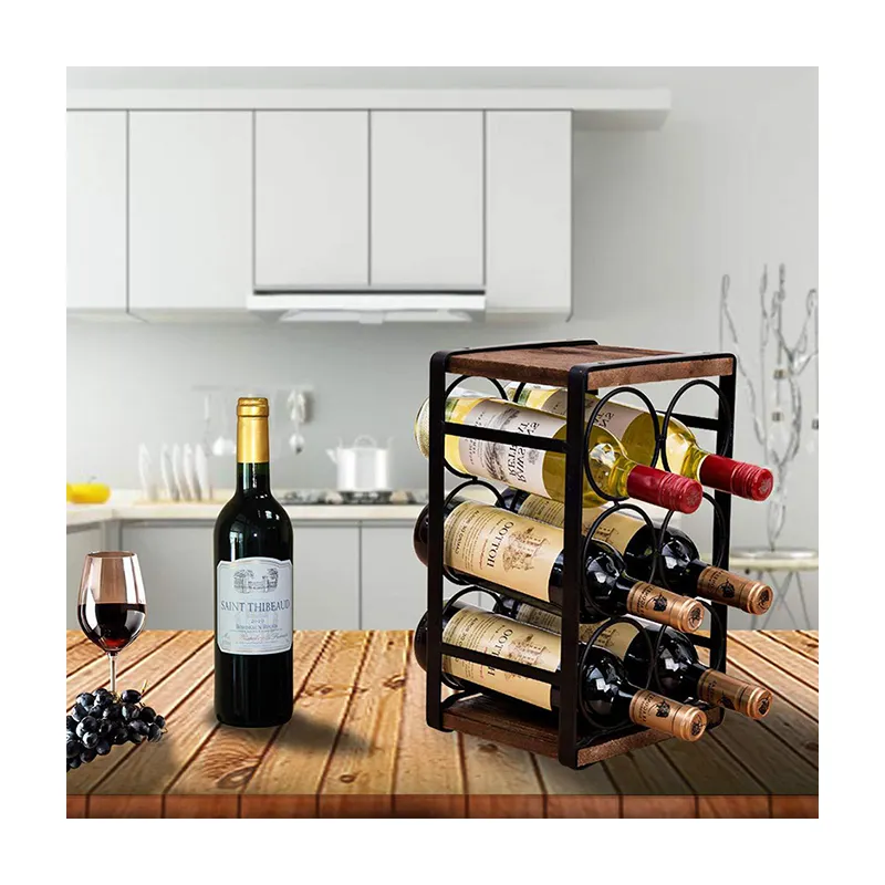 Floor Freestanding Stackable Countertop Rustic Wood Wine Holder Storage Rack Shelf With Wooden Top& Bottom 6Bottles
