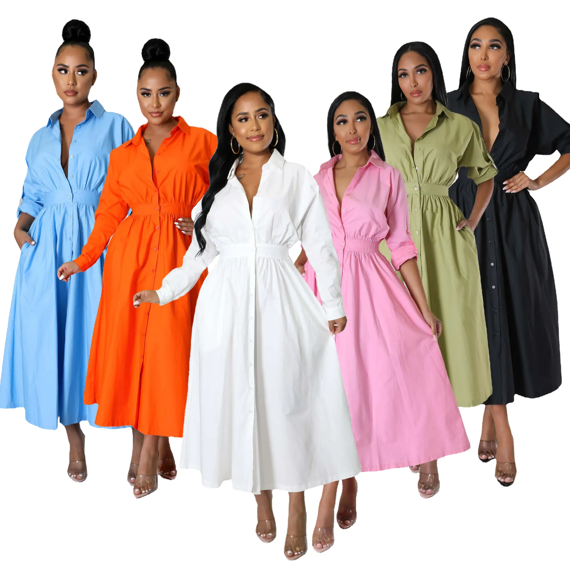 Summer 2023 Women's Shirts Loose Long-sleevdciwomen's Shirts Long Dress Casual Dresses Natural Printed Dress Simple Adults Midi