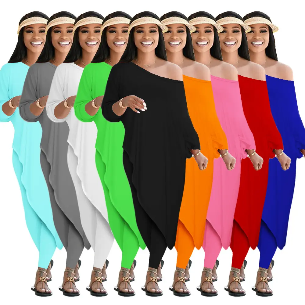 YEWAYOGA all'ingrosso sciolto tinta unita spalla diagonale irregolare due pezzi Set abbigliamento donna autunno 2021