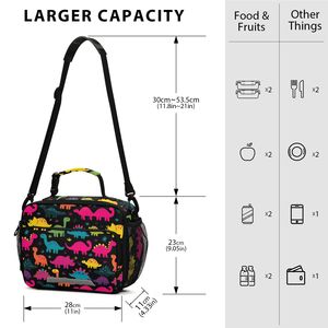 Sac à déjeuner isotherme portable et réutilisable pour enfants avec fermeture éclair en aluminium imprimé dinosaures colorés et bandoulière - Product Image 2
