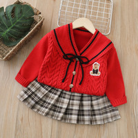 Ensemble de vêtements pour petites filles, pull en tricot Preppy d'automne, col marin, cardigan avec patch ours et jupe plissée à carreaux, tenue deux pièces pour tout-petits