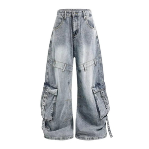 Vintage High Street 3D Multi-Pocket Stitched Detail <strong>Super</strong> Wide-Leg Loose Straight Denim Jeans - Product Image 3