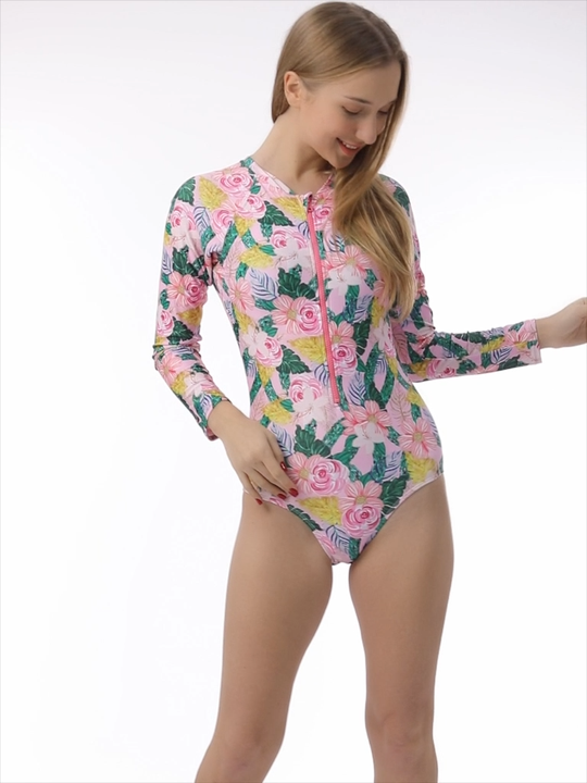 Women's One Piece Long Sleeve Rash Guard UV Protection Floral