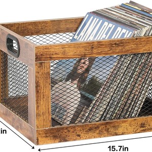 Wooden Wire Mesh Storage Box 15.7in Rectangle Office Organizer for <b>Records</b> Magazines Documents Retro Style - Product Image 1