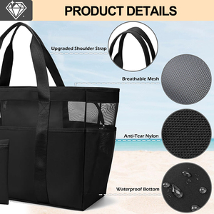 Bolsa de playa de malla de gran capacidad de 35L con cremallera, correa para el hombro y la mano, bolso de natación para mujer, playa, verano - Product Image 2