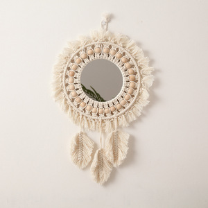 Miroir mural suspendu en macramé, style Boho, avec perles rondes en bois, décoration d'intérieur moderne, pour cadeau - Product Image 5