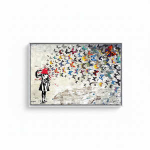 Printed Banksy Butterfly Girl <b>Canvas</b> Art, Stained Glass Design,WHITE <b>FRAMED</b> <b>CANVAS</b> - Product Image 2