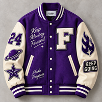 Blouson universitaire personnalisé pour homme, écologique, séchage rapide, violet, avec broderie chenille color block, mélange de laine et manches en cuir PU, OEM