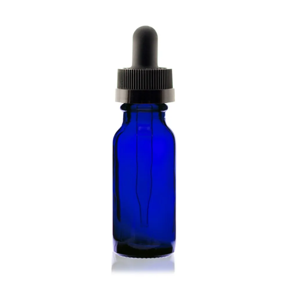 Flacons compte-gouttes en verre bleu cobalt de 1/2 oz 15 ml avec bouchon noir en or rose résistant aux enfants 15 ml