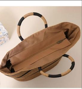 Sac fourre-tout en paille tressée de couleur unie pour femme, fermeture éclair, grande capacité, poignée ronde, sac à main bohème pour la plage et l'été - Product Image 2