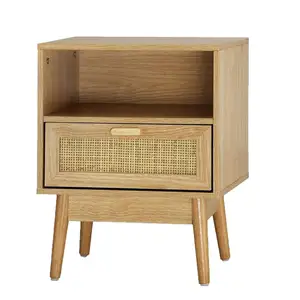 Wholesale Popular Camas Modernas Bedroom Furniture Side Table Set of 2 Rattan Bedside Tables Wooden Side Table with Drawers