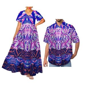 Abito Elegante a Strati con Scollo a V per Donna e Camicia con Colletto per Uomo con Stampa a Sublimazione Design Polinesiano Tie-dye - Product Image 5