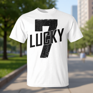 เสื้อยืดลาย Lucky Seven Distressed Lucky Number 7 รุ่น Unisex สำหรับผู้ใหญ่ ไซส์กลาง สีขาว ผ้าฝ้าย เสื้อโปรโมชั่น - Product Image 1