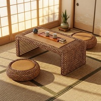 Ensemble de table à thé en osier, style moderne et minimaliste, avec Zabuton épaissi, table basse pour l'extérieur et la maison, idéal pour balcon et fenêtre en baie