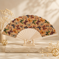 Éventail pliant portable en bambou et liège, décoratif, naturel, avec logo personnalisé, motif art populaire peint, pour cadeau d'affaires ou de mariage