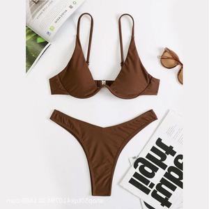 Bikini Personalizado de <span class=keywords><strong>2</strong></span> Piezas Marrón con Escote en V para Mujer, Atado al Cuello y con Cordones, Traje de <span class=keywords><strong>Baño</strong></span> de Triángulo con Almohadillas para el Pecho y Estampado para la Playa - Product Image 1