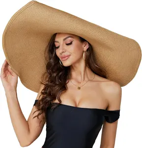 女式超大沙滩草帽，时尚大宽边遮阳帽手工卷起软盘太阳帽夏季沙滩