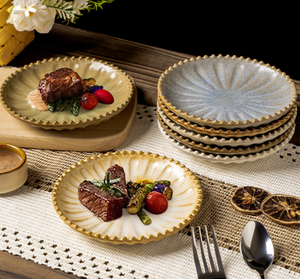Assiette en céramique vintage à bord perlé effet four, plat en grès rétro fait main pour hôtels et restaurants, vaisselle personnalisable avec logo et dimensions - Product Image 3