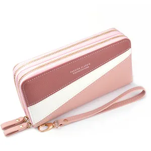 ZR199 Women's Wallet Long Handbag PU Double-layer Zipper Coins Wallet Purse Stylish Contrast Color Mobile Phone Bag Card Holder