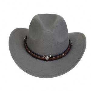 Chapeau de cowboy occidental à large bord en feutre pour enfants, avec accessoire tête de taureau en feutre à poils relevés, couleur unie - Product Image 4