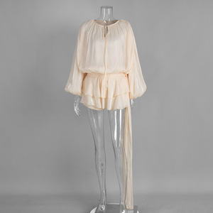 Vestido de Verano para Mujer, de Alta Calidad, Nuevo, de Gasa, Dulce, de <span class=keywords><strong>Manga</strong></span> <span class=keywords><strong>Larga</strong></span>, con Cuello en V, <span class=keywords><strong>Manga</strong></span> Farol, con Cordones, Corto, con Volantes en el Bajo - Product Image 6