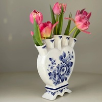 Jarrón de Cerámica Estilo Tulipán Holandés, Jarrón Decorativo Azul Delft en Forma de Corazón