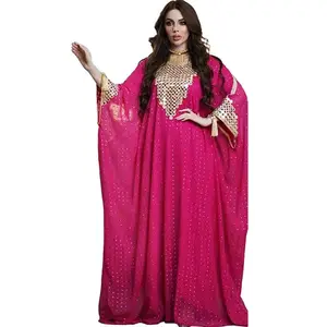 穆斯林女装2023新款迪拜阿巴亚时尚金色亮片雪纺长袍2件套非洲服装加大码宽松长衫
