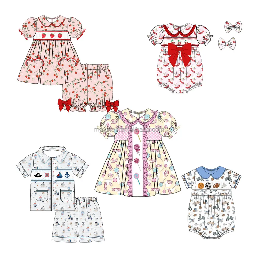 Pakaian anak-anak butik keluaran baru grosir gaun berasap bayi perempuan bordir stroberi dan pakaian pendek