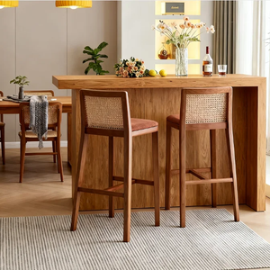 Vintage Solid Wood Rattan <b>Back</b> Bar <b>Stool</b> <b>With</b> Fabric Cushion Commercial Cafe Restaurant High Counter Bar Chair - Product Image 2