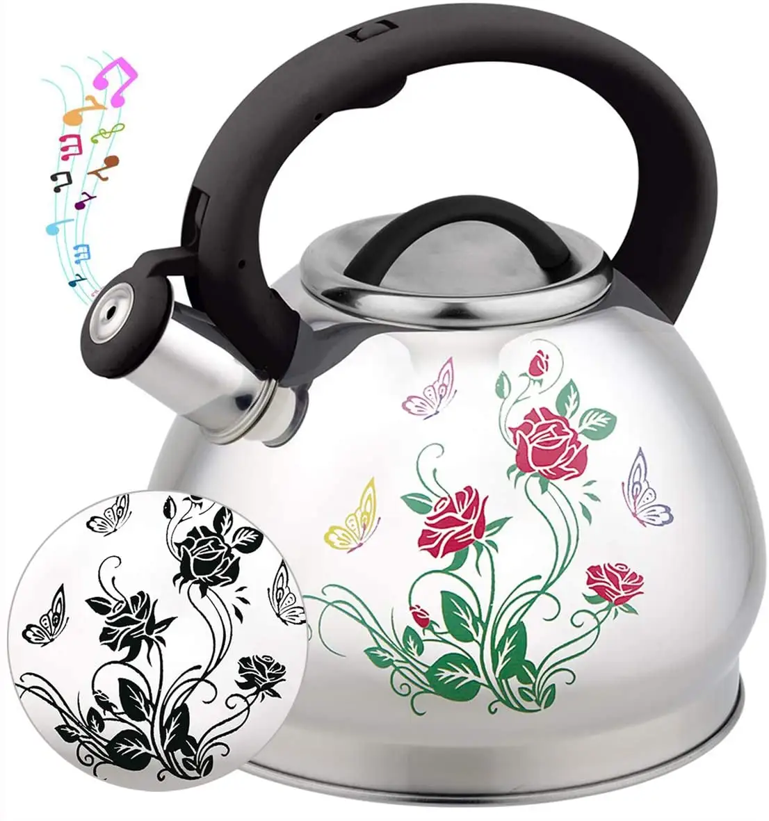Heat Proof Handle 3L Tea Kettle Stovetop Flower print Whistling Tea kettle