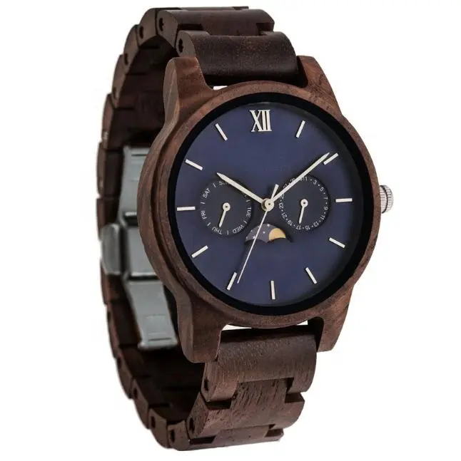 Luxury Brand Moon Phase Watch Wood Men Day Date Multiple Time Zone Wristwatches Personalized Wholesale uhren